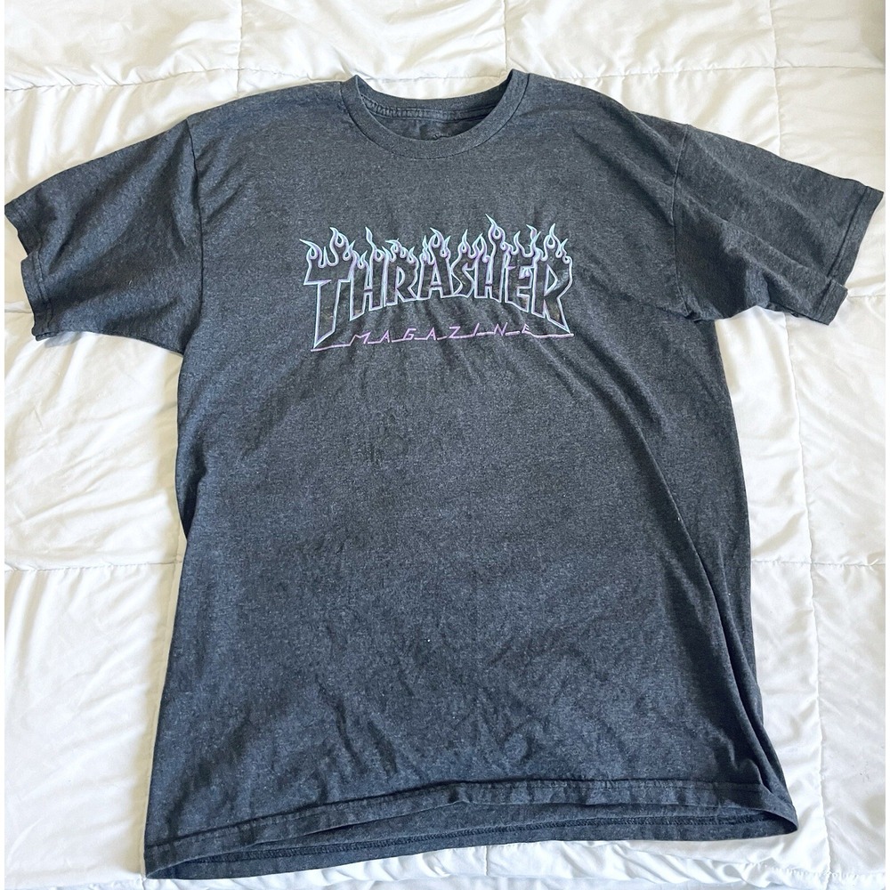 Thrasher Shirt Mens Large Gray Blue Flames Skater‎ Skateboarding Magazine Casual